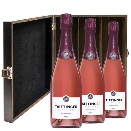 Taittinger Nocturne Rose Sec Champagne 75cl Treble Elm Wood Gift Boxed Champagne (3x75cl)